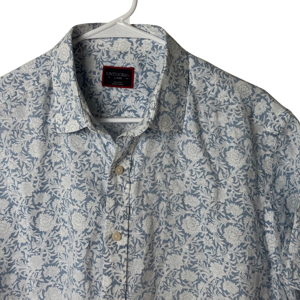 UNTUCKit Button Down Mens L Blue Floral Print 100% Linen Short Sleeve Shirt